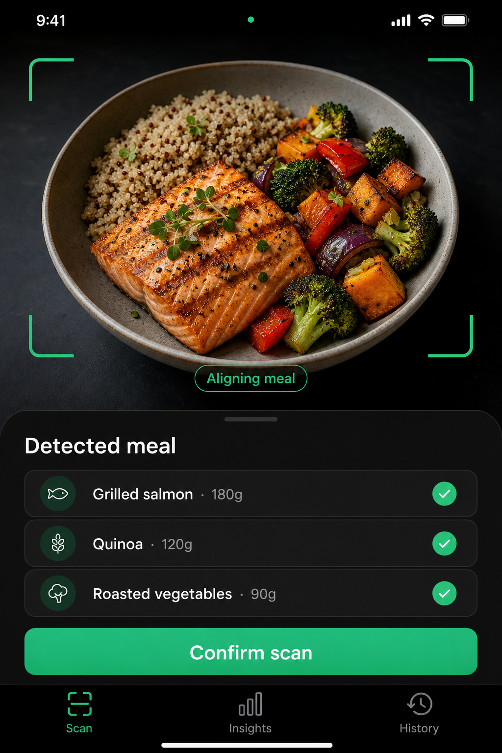 VitaMenda meal scan screen detecting grilled salmon, quinoa and roasted vegetables